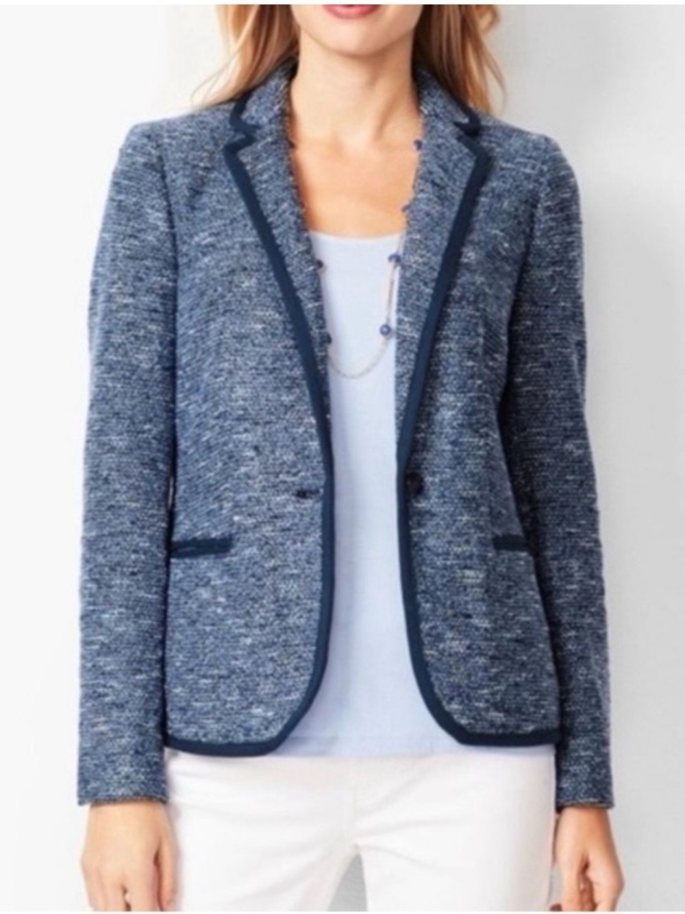 Talbots Parisian Chic Navy Tweed Blazer Jacket Size 2P Preppy Academia Career
